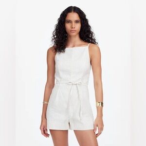 NWT Madewell Sleeveless Square-Neck Pleated Romper in Ivory Black Pinstripe XS 0
